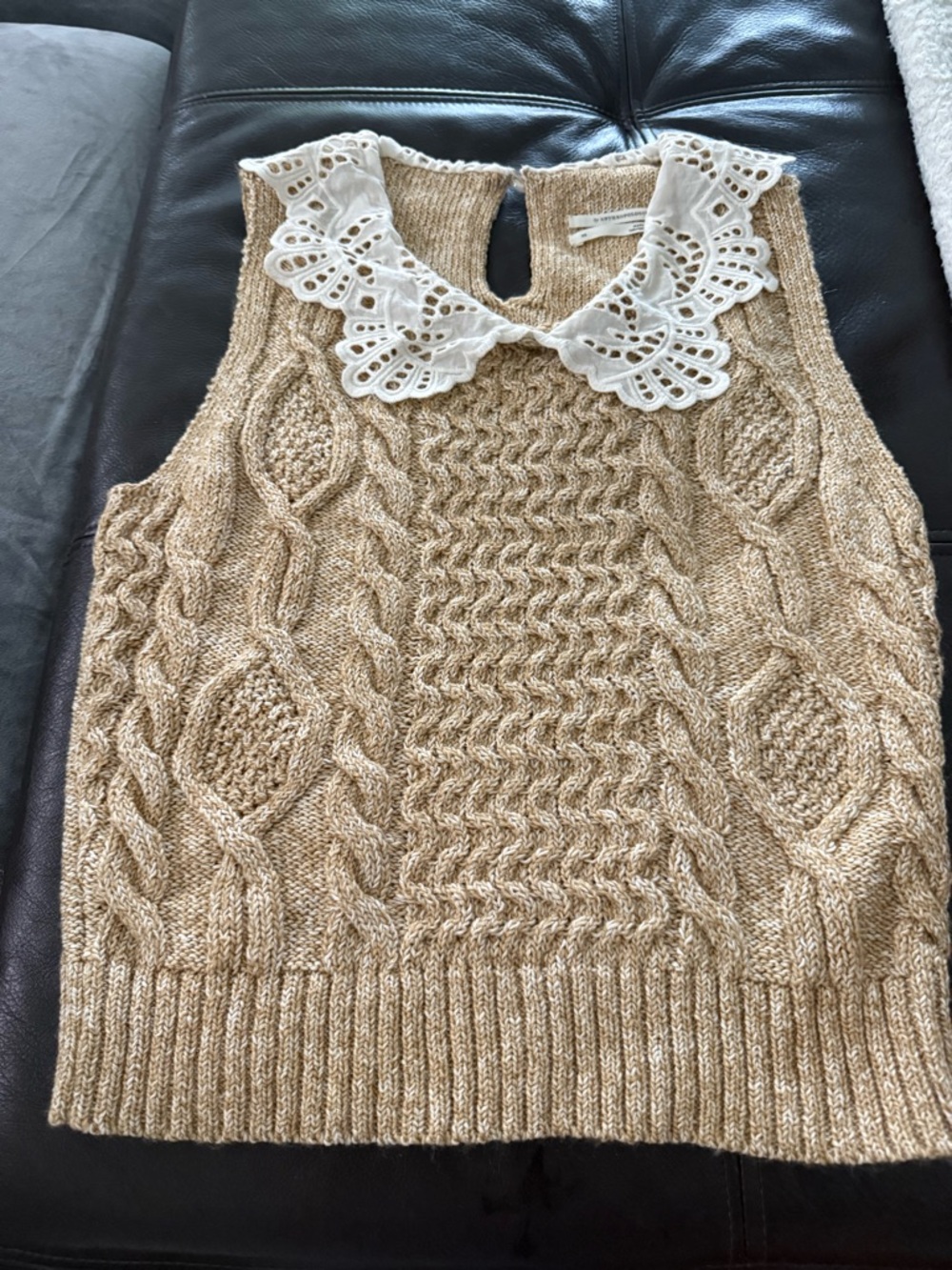 Anthropologie Camel Cable Knit Sleeveless Top with White Lace Collar